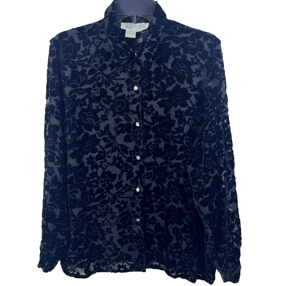 Suchada Black Burnout Velvet Floral Silk Blend Button Down Blouse L 90's Grunge